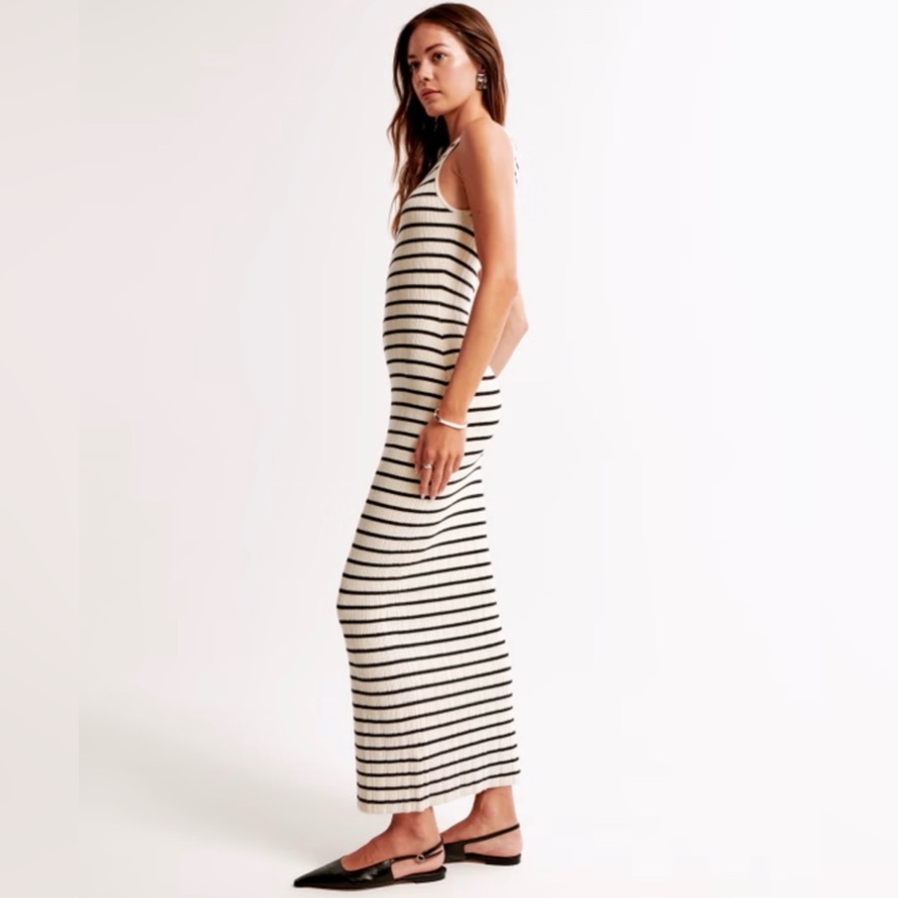 Abercrombie & Fitch High Neck Cream Stripe Ribbed Midi Sweater Dress L NWT - Picture 4 of 9